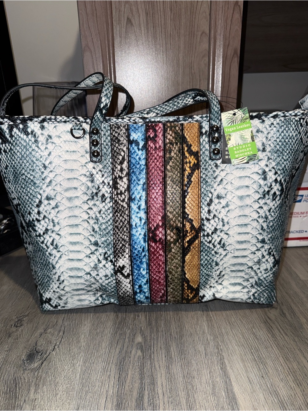 NWT $129 Badgley Mischka Vegan Leather Snake-Print Tote